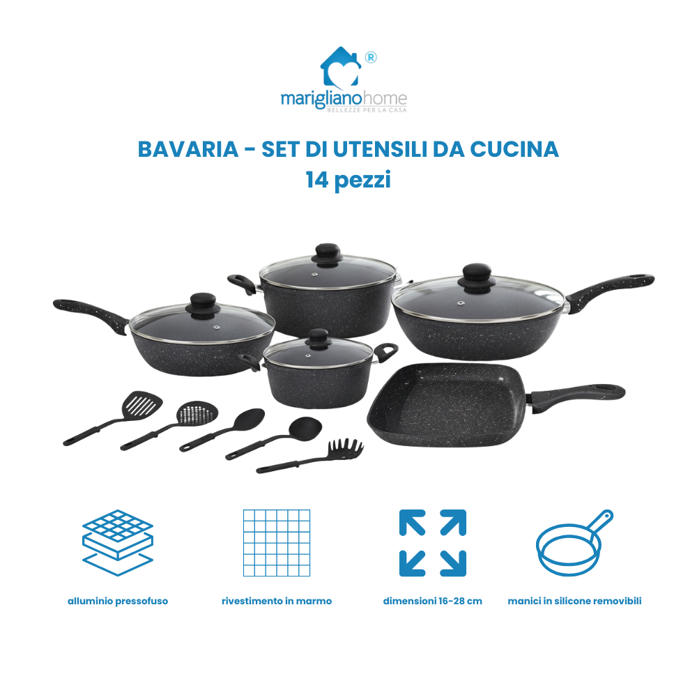 Bavaria 14 pezzi Set di Utensili da Cucina in Alluminio Pressofuso 14 Pezzi Rivestimento in Marmo Padelle e Casseruole Dimensioni Varie Manici in Silicone Rimovibili Colore Rosa Nero Grigio