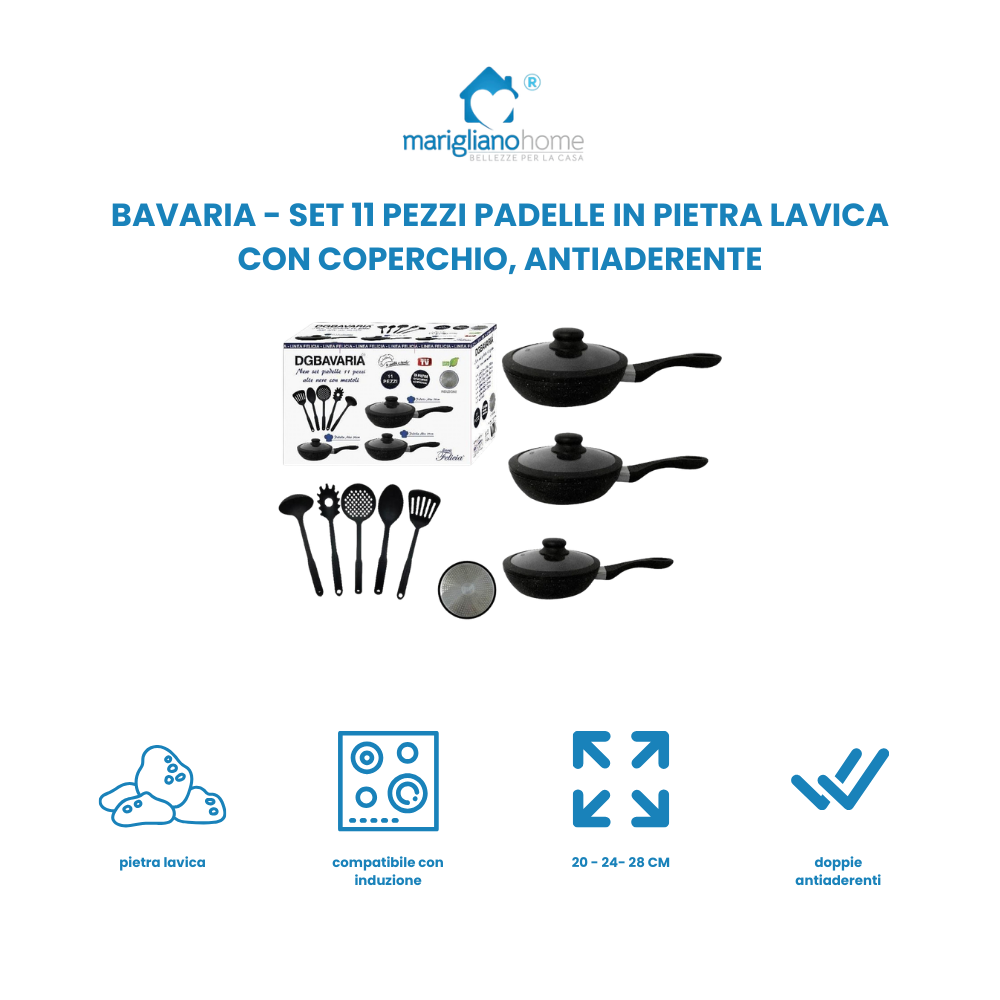 Bavaria Set 11 pezzi padelle in Pietra lavica con Coperchio, Padella Antiaderente Ideale per Cucinare Fantastici Piatti in Cucina.
