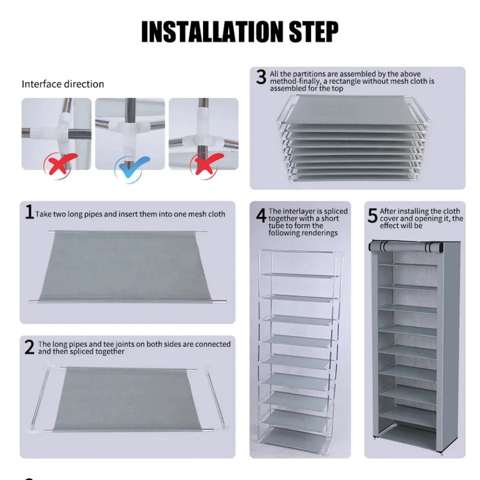 Space-saving shoe rack with 9 shelves: in fabric & aluminum structure
- Up to 27 pairs of shoes