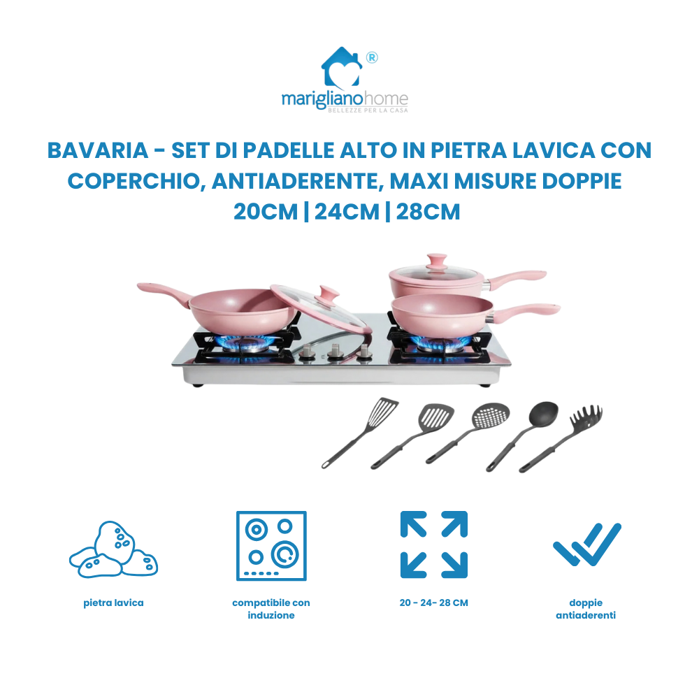 Bavaria Set di Padelle ALTO in Pietra Lavica con Coperchio Padella Antiaderente MAXI MISURE doppie Nero 20cm 24cm 28cm per Cucine a Gas e Induzione