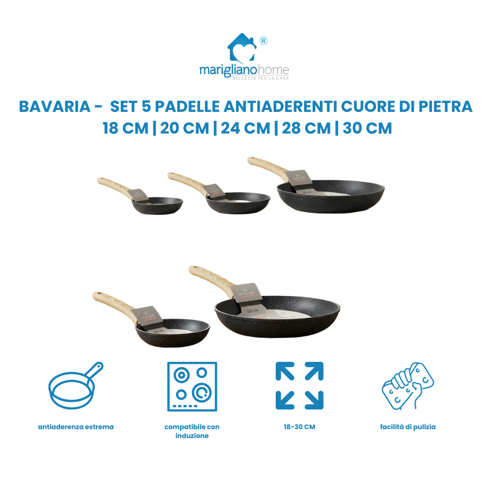 Bavaria Set 5 Padelle Antiaderenti Cuore di Pietra 18 cm 20 cm 24 cm 28 cm 30 cm vanno bene su tutti i piani di cottura anche ad induzione