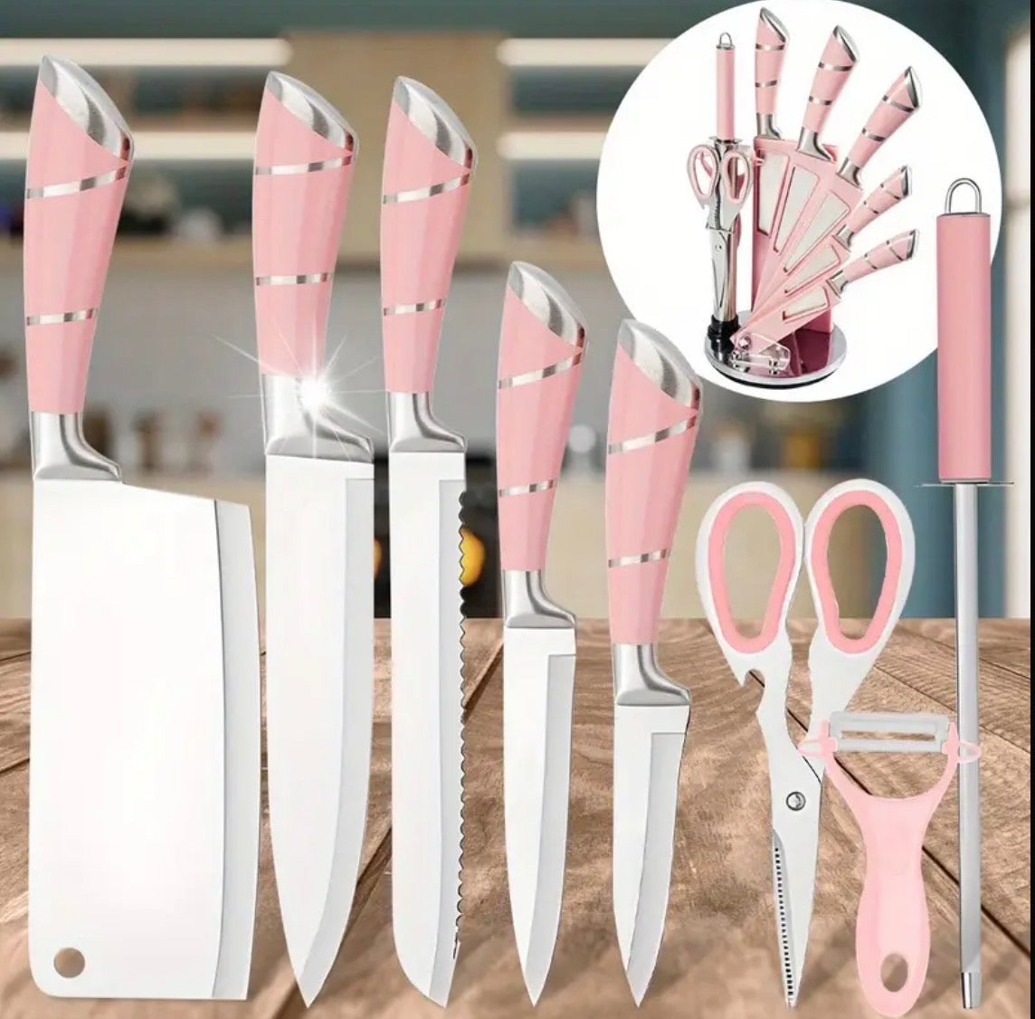 8 Pezzi Set di Coltelli da Cucina con Manico in Marmo, Bianco/Rosa con Porta Coltelli in Acrilico, Acciaio Inossidabile ad Alto Tenore Carbonio Antiaderente per Tagliare e Tritare Carne, Regalo Ideale per Donne