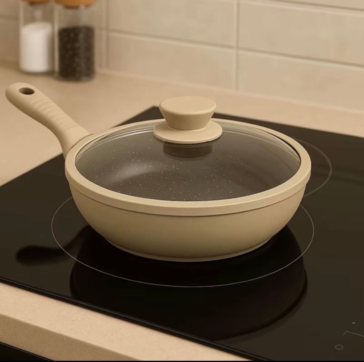 Tris di Padelle Con Coperchi in Vetro Beige (20) - (24) - (28) cm