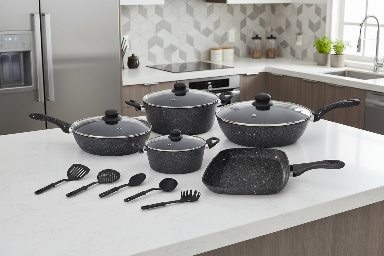 Bavaria 14 pezzi Set di Utensili da Cucina in Alluminio Pressofuso 14 Pezzi Rivestimento in Marmo Padelle e Casseruole Dimensioni Varie Manici in Silicone Rimovibili Colore Rosa Nero Grigio