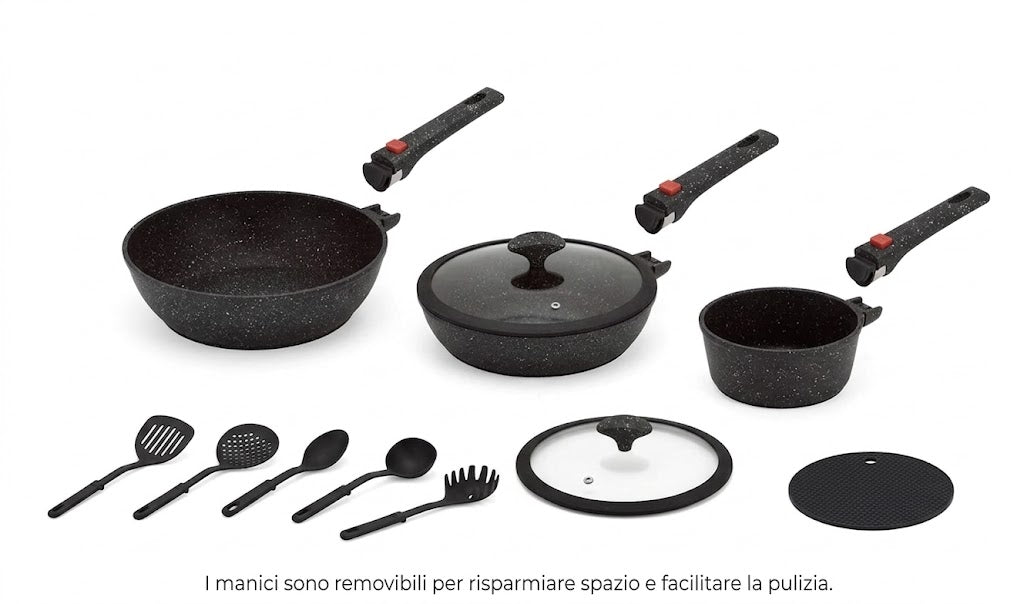 BAVARIA SET PADELLE 12PZ NERE ADATTO AD INDUZIONE MANICI ESTRAIBILI