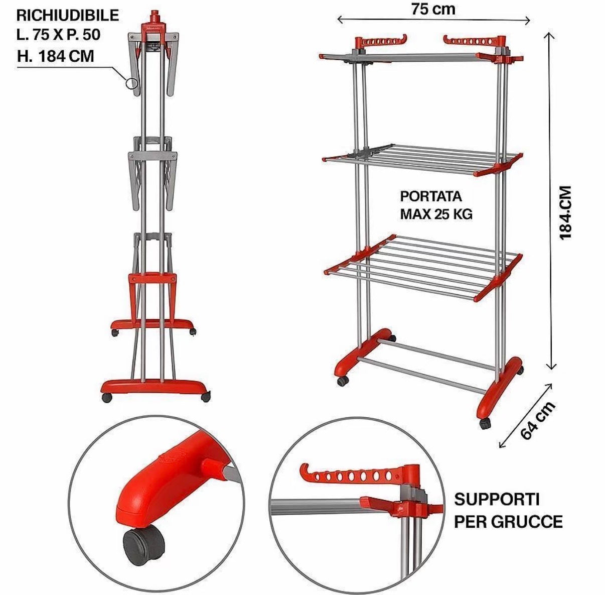 Stendino a Torre Salvaspazio con Ali Richiudibili e Ruote