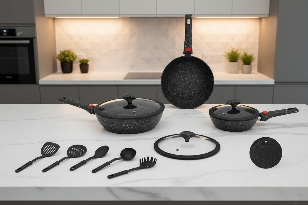 BAVARIA SET PADELLE 12PZ GRIGIO ADATTO AD INDUZIONE MANICI ESTRAIBILI