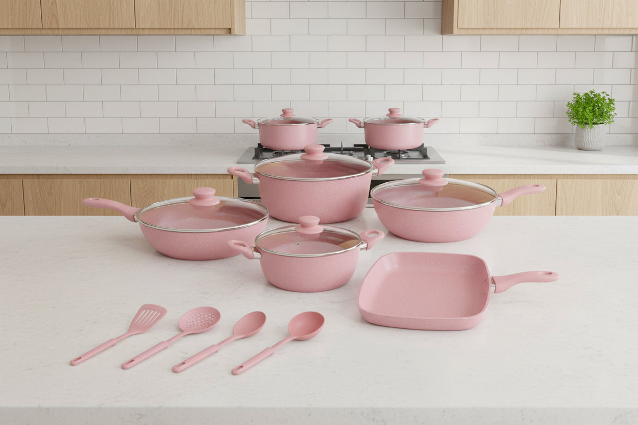 Bavaria 14 pezzi Set di Utensili da Cucina in Alluminio Pressofuso 14 Pezzi Rivestimento in Marmo Padelle e Casseruole Dimensioni Varie Manici in Silicone Rimovibili Colore Rosa Nero Grigio
