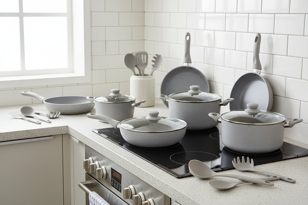 Bavaria 14 pezzi Set di Utensili da Cucina in Alluminio Pressofuso 14 Pezzi Rivestimento in Marmo Padelle e Casseruole Dimensioni Varie Manici in Silicone Rimovibili Colore Rosa Nero Grigio