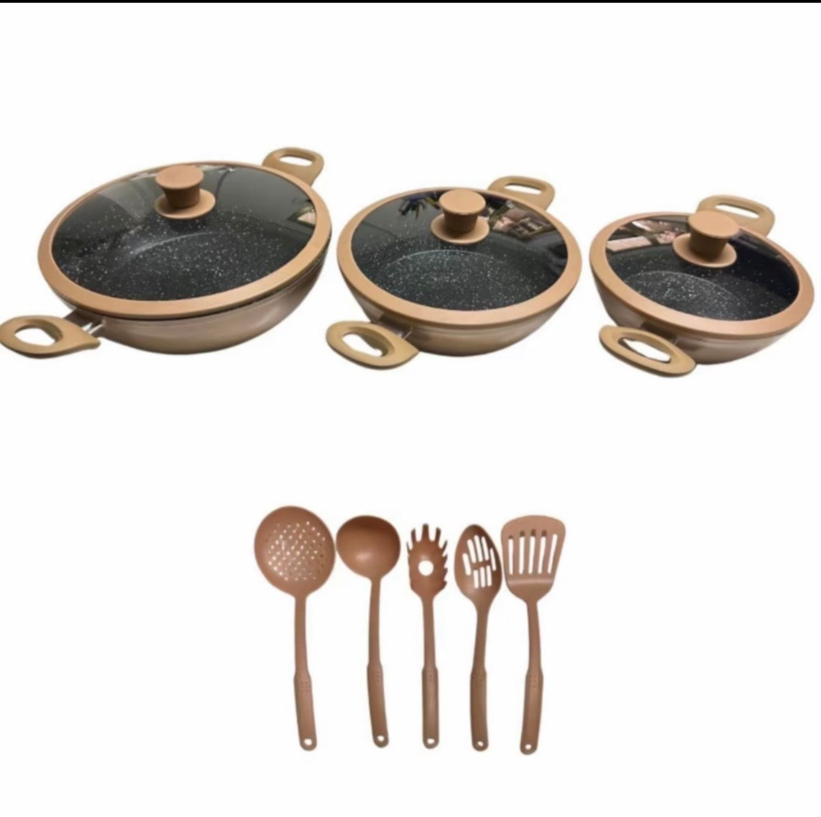 Tris Tegami Con Coperchi In Vetro e 5 Mestoli