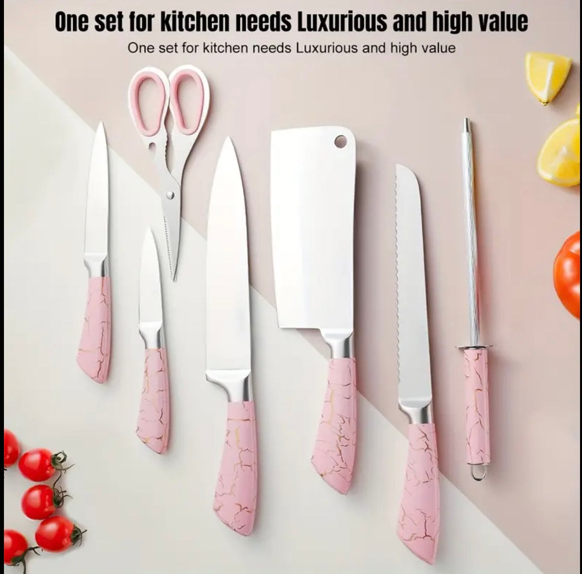 8 Pezzi Set di Coltelli da Cucina con Manico in Marmo, Bianco/Rosa con Porta Coltelli in Acrilico, Acciaio Inossidabile ad Alto Tenore Carbonio Antiaderente per Tagliare e Tritare Carne, Regalo Ideale per Donne
