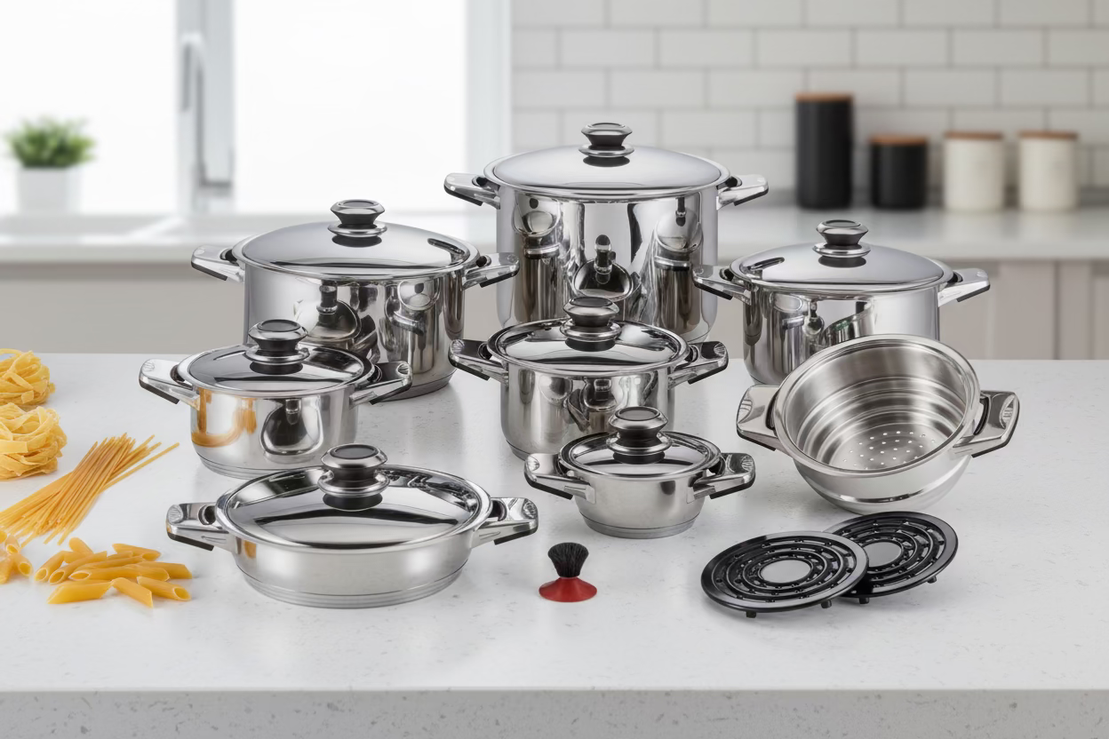 Set Cucina Bavaria Batteria 18 Pezzi in Acciaio Inox di Alta Qualità vanno bene su tutti i piani di cottura anche ad induzione