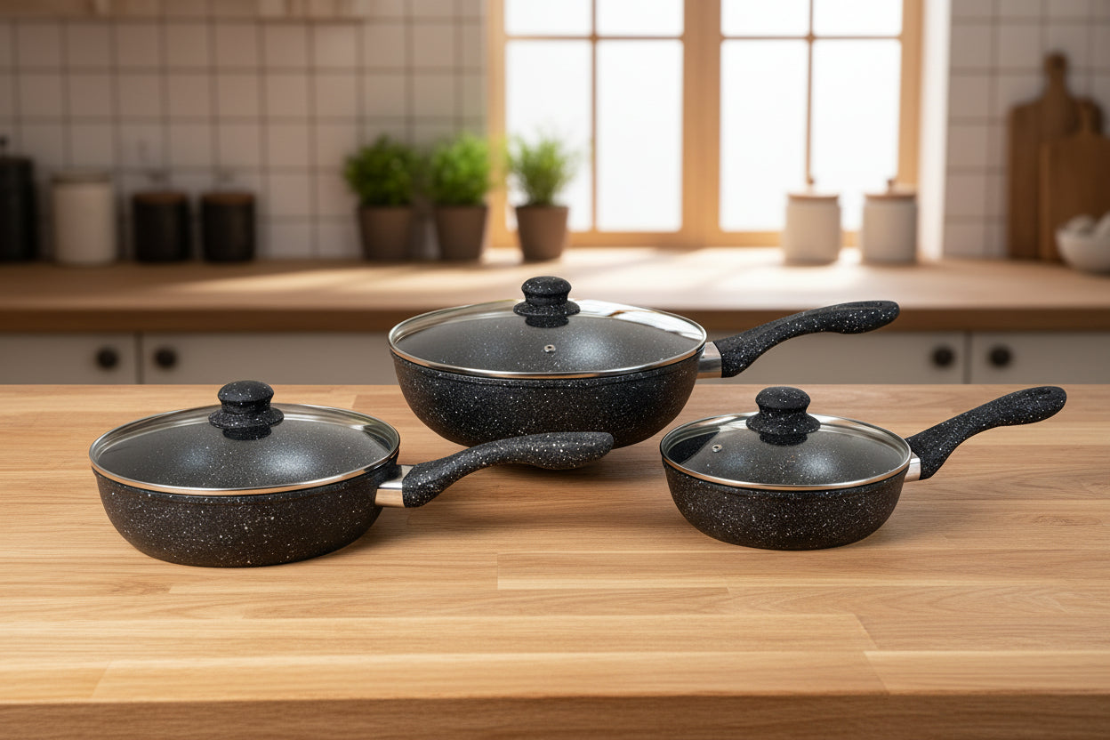 Set 3 Padelle Alte Nere AMC In Pietra Lavica Con Coperchi In Vetro Induzione su tutti i piani di cottura 20 24 28 cm