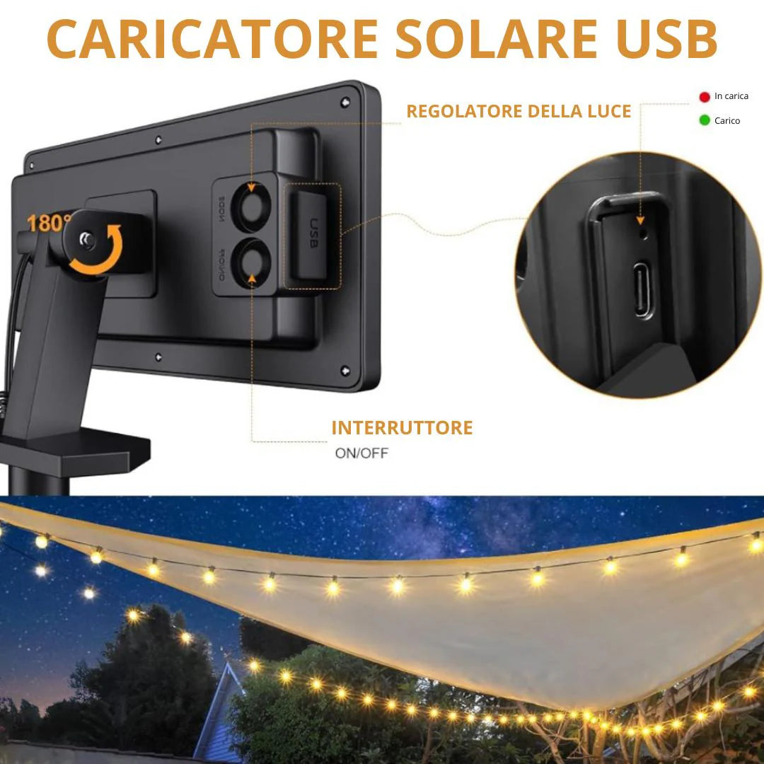 Catena luminosa 13m con pannello solare 15 lampadine potenti
