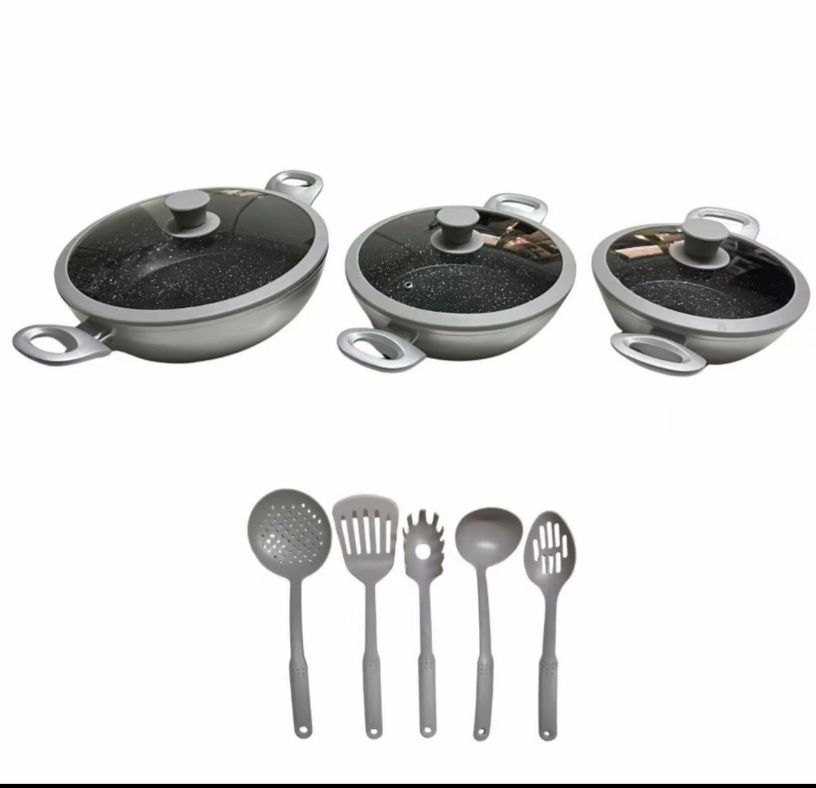 Tris Tegami Con Coperchi In Vetro e 5 Mestoli