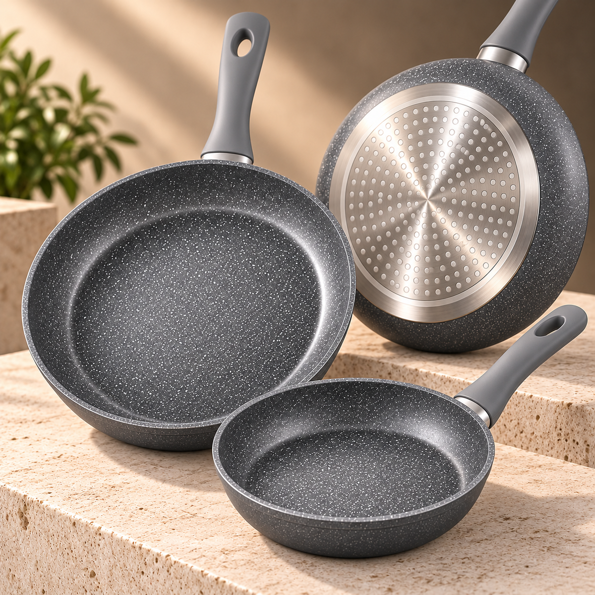Set 3 Padelle Antiaderenti 20/24/28 cm in Alluminio Forgiato – Effetto Pietra, Manici Soft Touch, Adatte all’Induzione – Nero o Grigio
