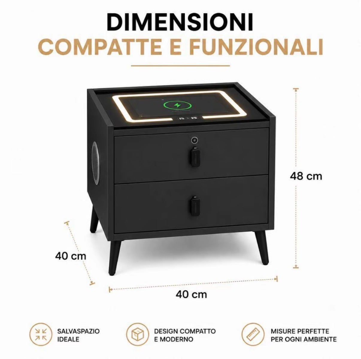 Comodino Smart LED con Ricarica Wireless, Bluetooth, USB e 2 Cassetti – Moderno per Camera da Letto