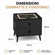 Comodino Smart LED con Ricarica Wireless, Bluetooth, USB e 2 Cassetti – Moderno per Camera da Letto