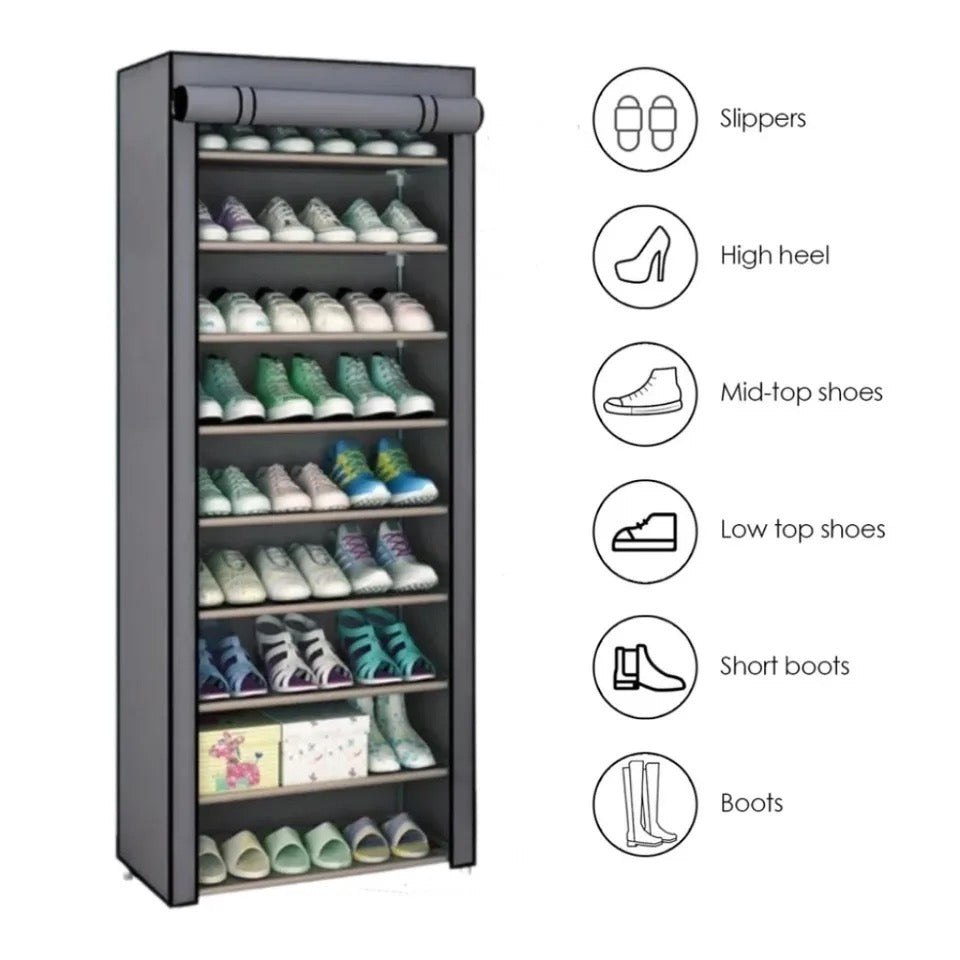 Space-saving shoe rack with 9 shelves: in fabric &amp; aluminum structure
 - Up to 27 pairs of shoes