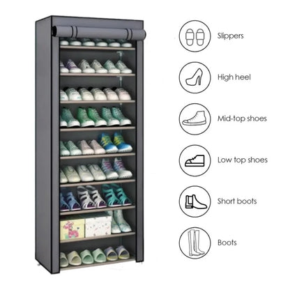 Space-saving shoe rack with 9 shelves: in fabric &amp; aluminum structure
 - Up to 27 pairs of shoes