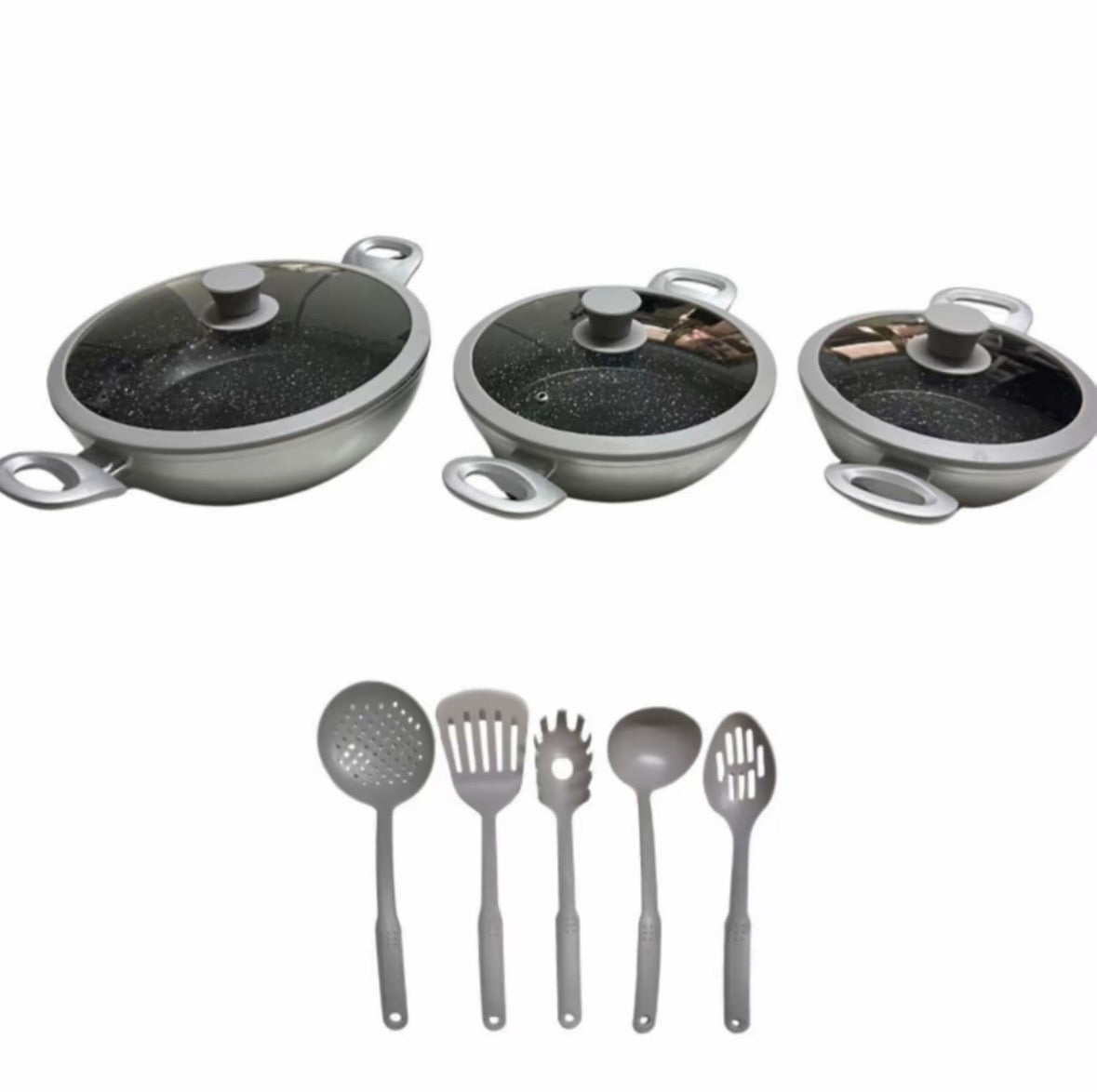 Tris Tegami Con Coperchi In Vetro e 5 Mestoli