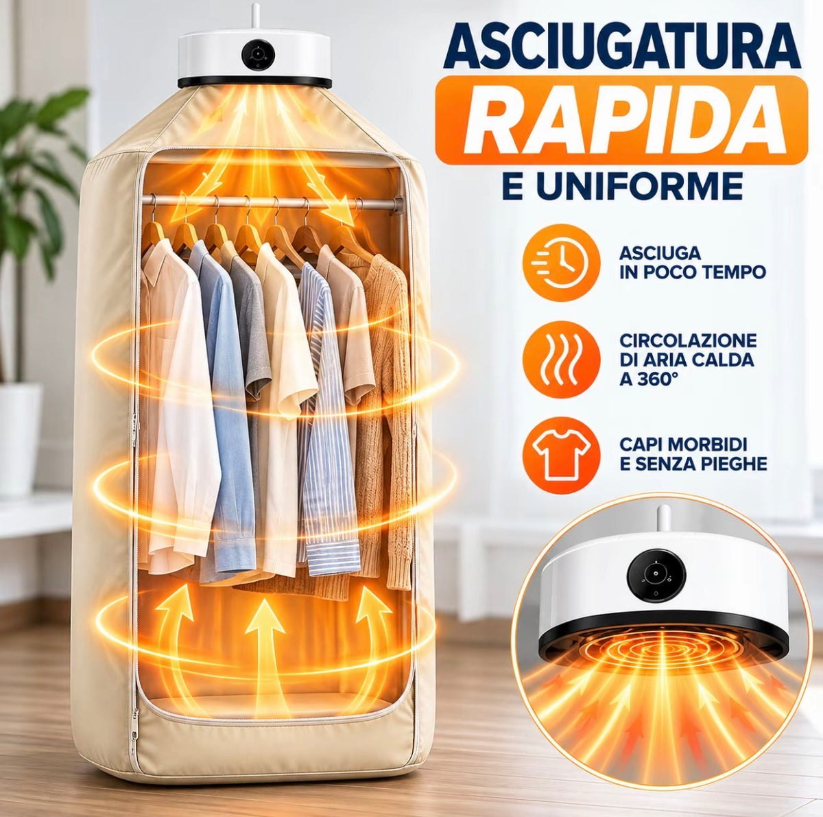 Asciugatrice Portatile per Vestiti, Asciugabiancheria Elettrica Compatta ad Aria Calda, Armadio Asciugatore per Capi Appesi, Asciugatura Rapida, Pieghevole e Salvaspazio per Casa, Viaggio e Camper