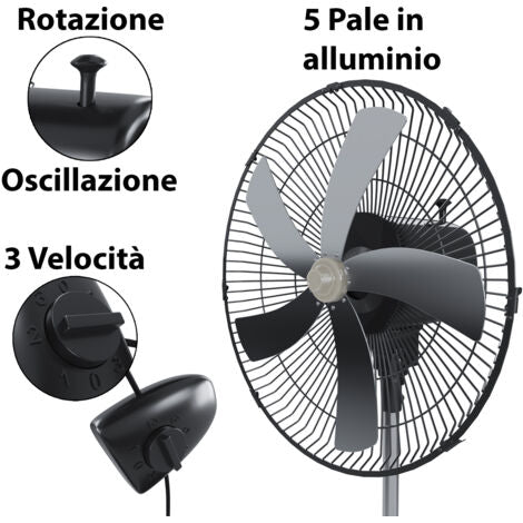 Ventilatore A Piantana Potente Da 60W Per Pavimento 5 Pale In Acciaio Da 42 Cm Silenzioso 3 Velocità Oscillante Altezza e Inclinazione Regolabili Griglia Di Protezione Design