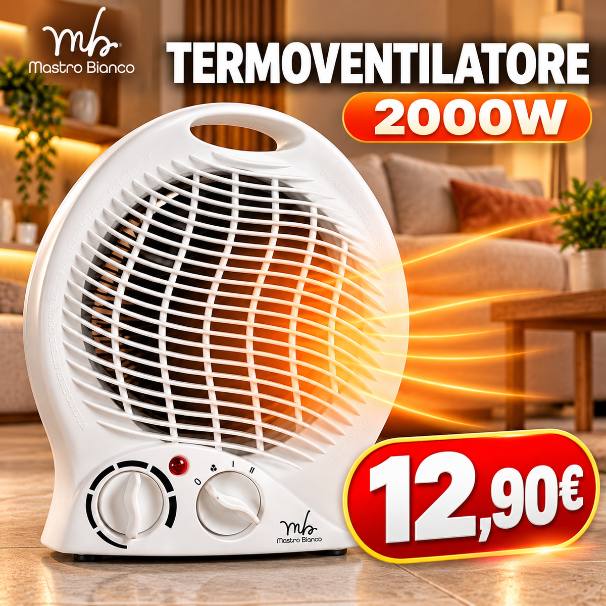 Termoventilatore elettrico Heatify 2000W, stufetta portatile con termostato regolabile e 2 livelli di potenza