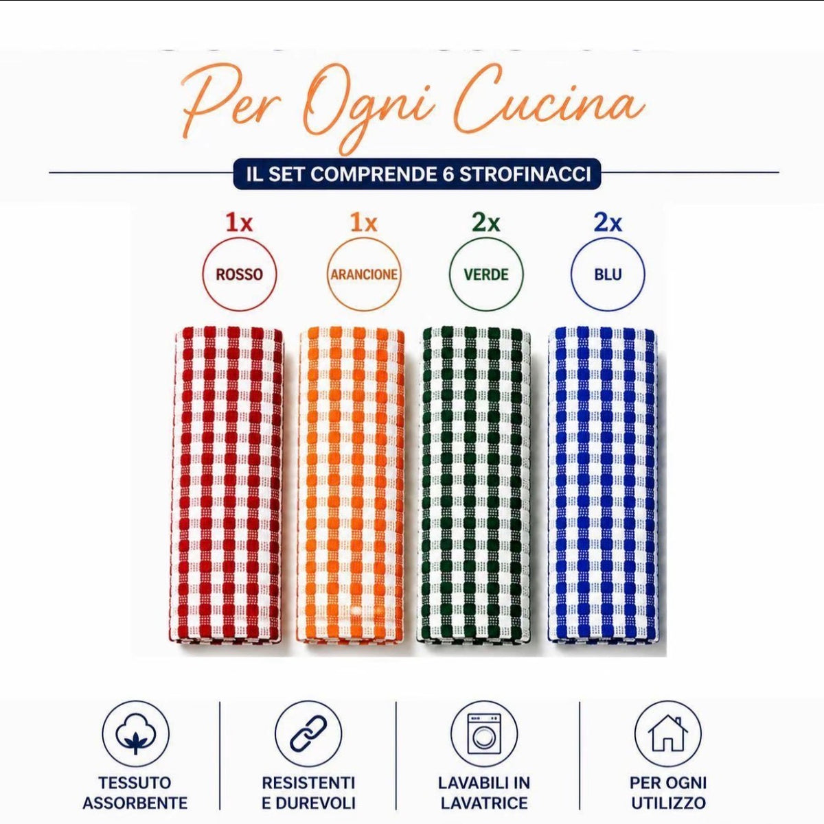 Set 6 Strofinacci da Cucina in Cotone Assorbenti Multicolore Resistenti Lavabili