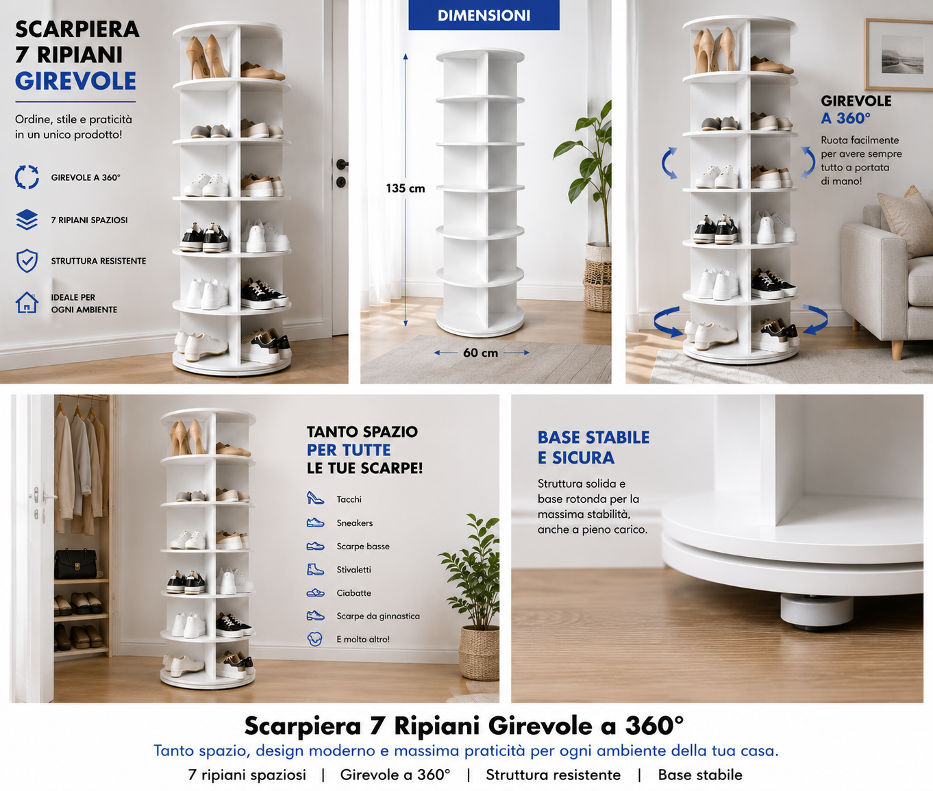 Scarpiera Rotante 7 Ripiani 360° Mobile Porta Scarpe Salvaspazio Bianco, Design Moderno
