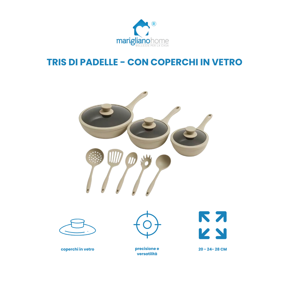 Tris di Padelle Con Coperchi in Vetro Beige (20) - (24) - (28) cm