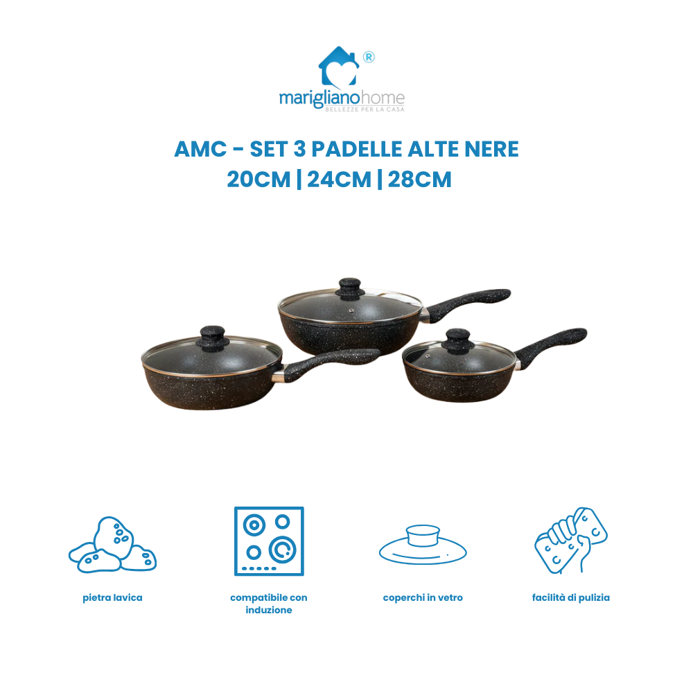 Set 3 Padelle Alte Nere AMC In Pietra Lavica Con Coperchi In Vetro Induzione su tutti i piani di cottura 20 24 28 cm