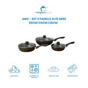Set 3 Padelle Alte Nere AMC In Pietra Lavica Con Coperchi In Vetro Induzione su tutti i piani di cottura 20 24 28 cm