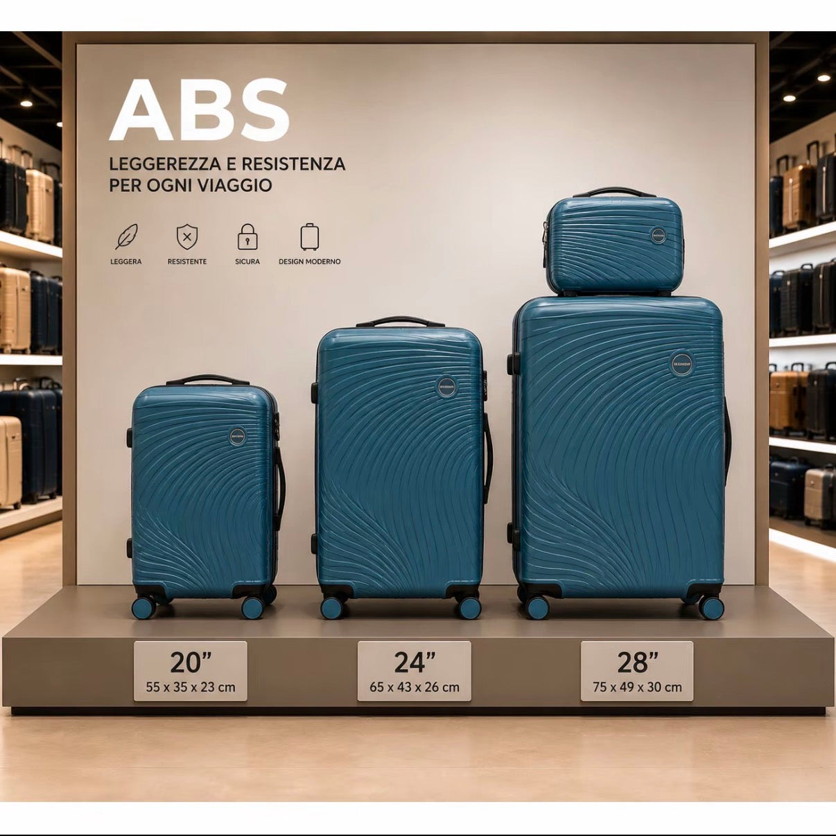 Set Completo Valigie Viaggio 4 Pezzi ABS Rigido con Beauty Case e Trolley Cabina