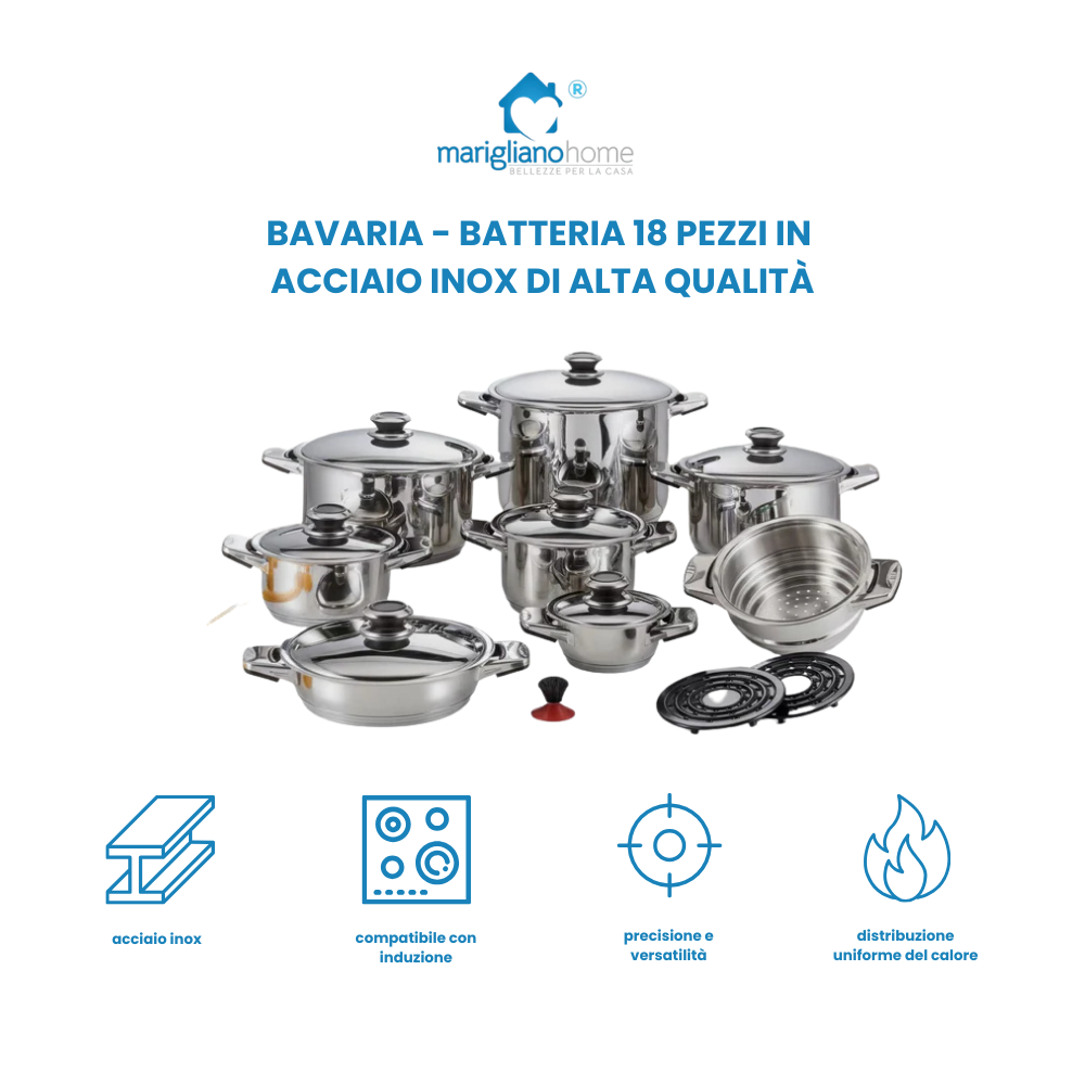 Set Cucina Bavaria Batteria 18 Pezzi in Acciaio Inox di Alta Qualità vanno bene su tutti i piani di cottura anche ad induzione