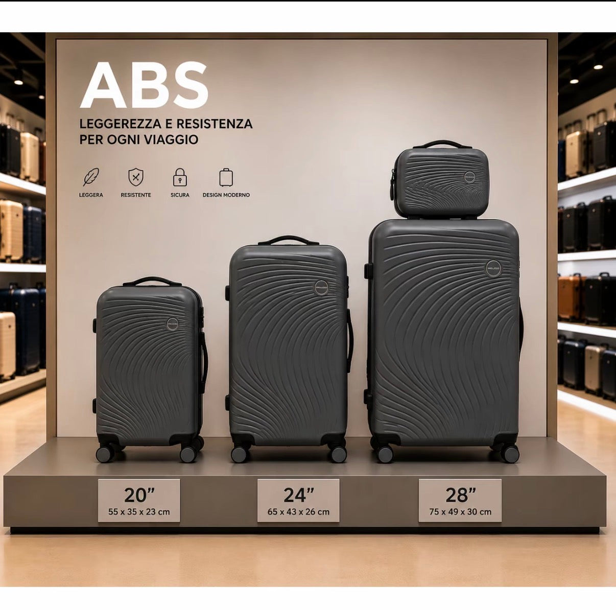 Set Completo Valigie Viaggio 4 Pezzi ABS Rigido con Beauty Case e Trolley Cabina