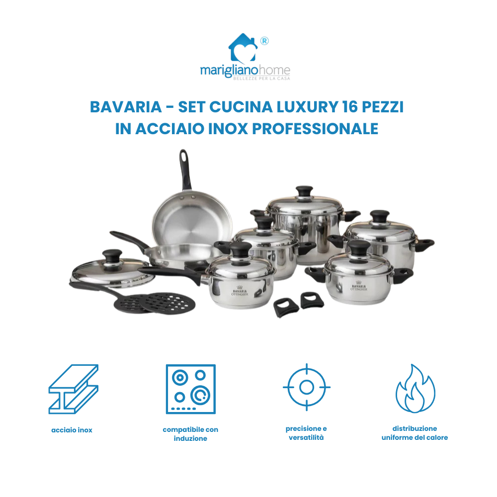 Set Cucina Bavaria Luxury 16 Pezzi – Acciaio Inox Professionale ad Alta Resistenza vanno bene su tutti i piani di cottura anche ad induzione