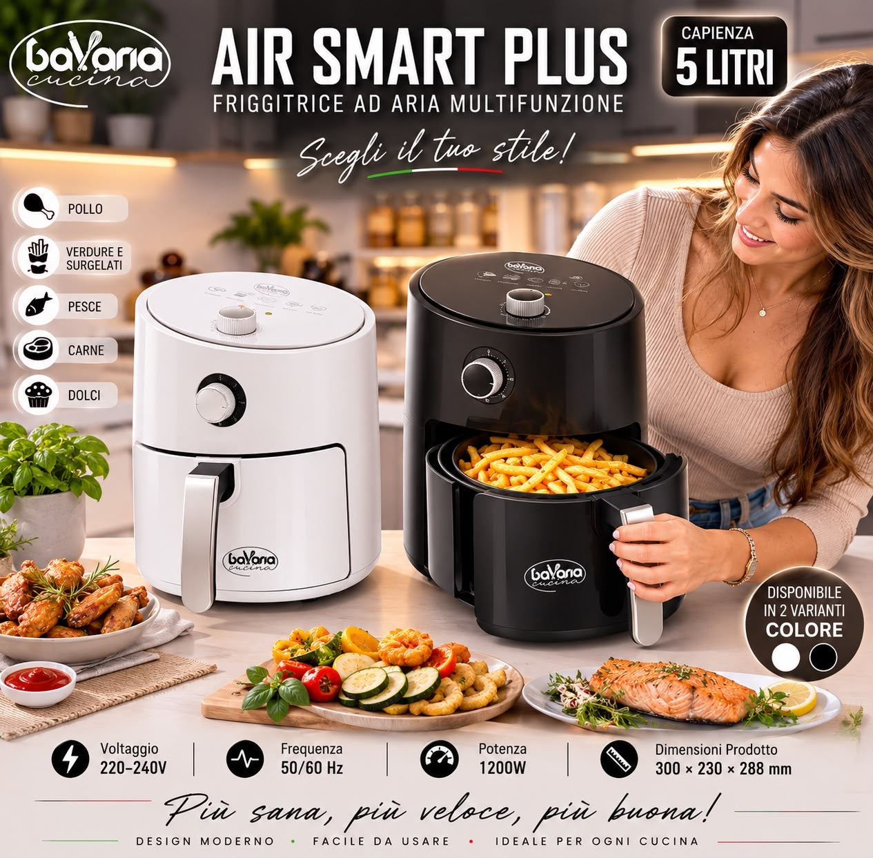 Friggitrice Ad Aria Multifunzione Bavara Cucina Air Smart Plus 5 Litri 1200W Design Moderno e Facile da Usare per Ogni Cucina 220-240V 50/60Hz