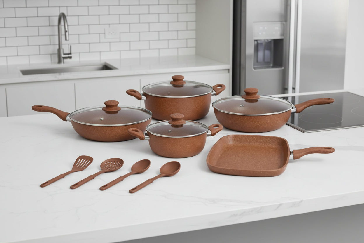 Bavaria 14 pezzi Set di Utensili da Cucina in Alluminio Pressofuso 14 Pezzi Rivestimento in Marmo Padelle e Casseruole Dimensioni Varie Manici in Silicone Rimovibili Colore Rosa Nero Grigio