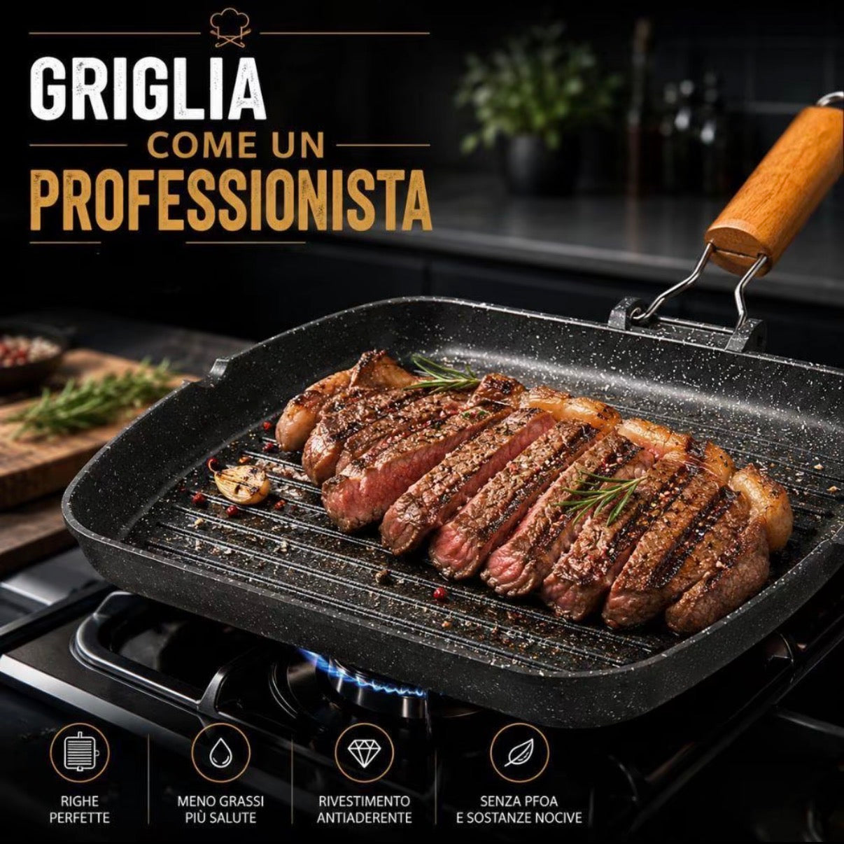 Bistecchiera Grill Effetto Barbecue Stone Antiaderente 28x28 cm con Manico in Legno