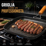 Bistecchiera Grill Effetto Barbecue Stone Antiaderente 28x28 cm con Manico in Legno
