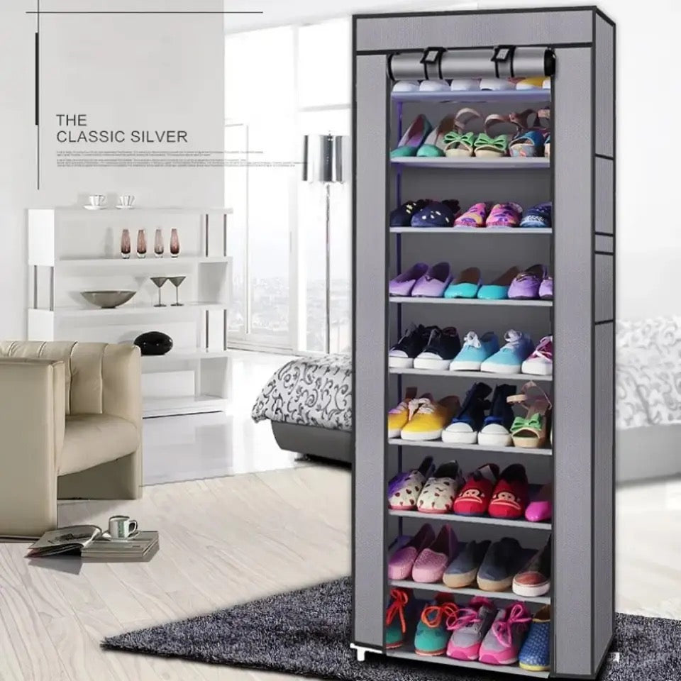 Space-saving shoe rack with 9 shelves: in fabric &amp; aluminum structure
 - Up to 27 pairs of shoes