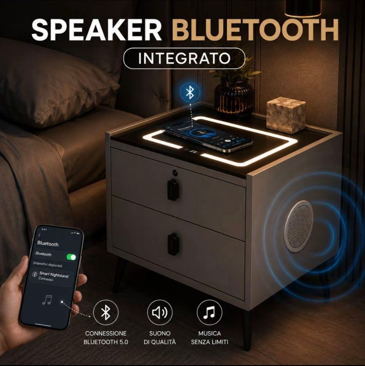 Comodino Smart LED con Ricarica Wireless, Bluetooth, USB e 2 Cassetti – Moderno per Camera da Letto
