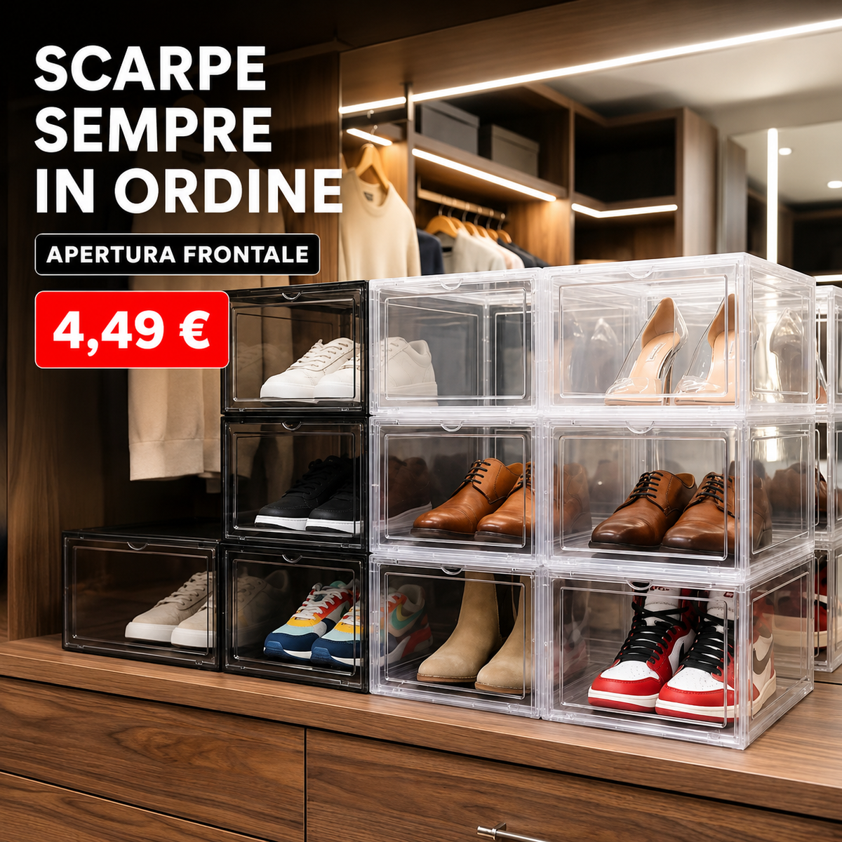 Contenitore Scarpe Modulare Premium - Box Salvaspazio in Polimero Rigido Clear e Black Smoke 34x26.5x19 cm