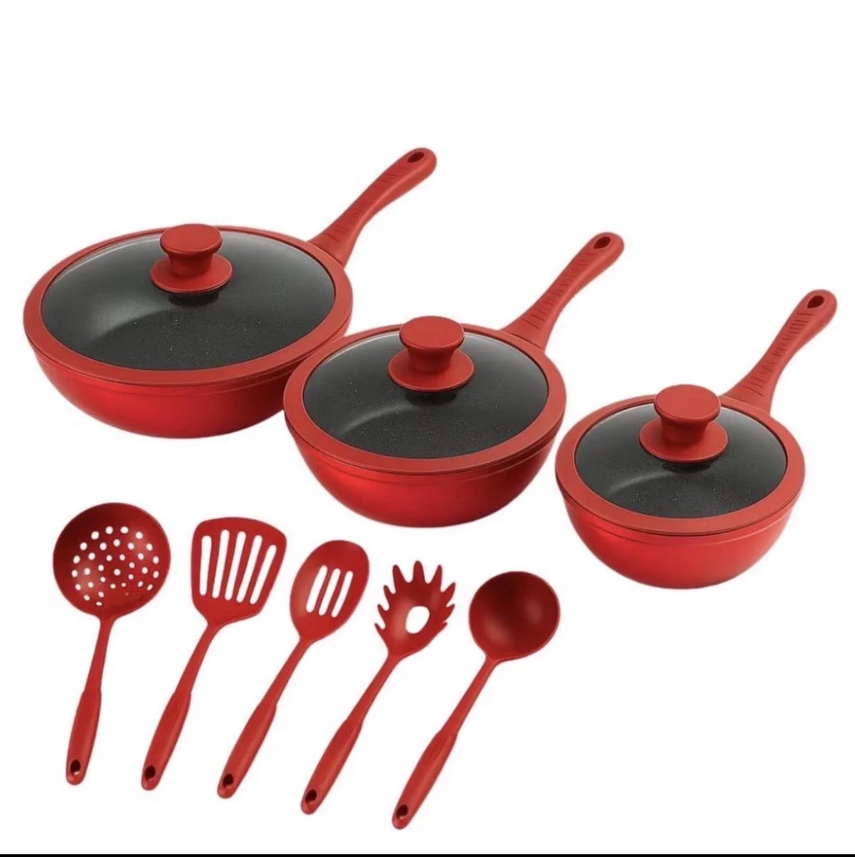 Tris padelle con coperchi in vetro Rosse 20 24 28 cm