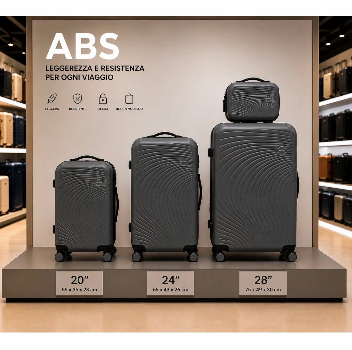 Set Completo Valigie Viaggio 4 Pezzi ABS Rigido con Beauty Case e Trolley Cabina
