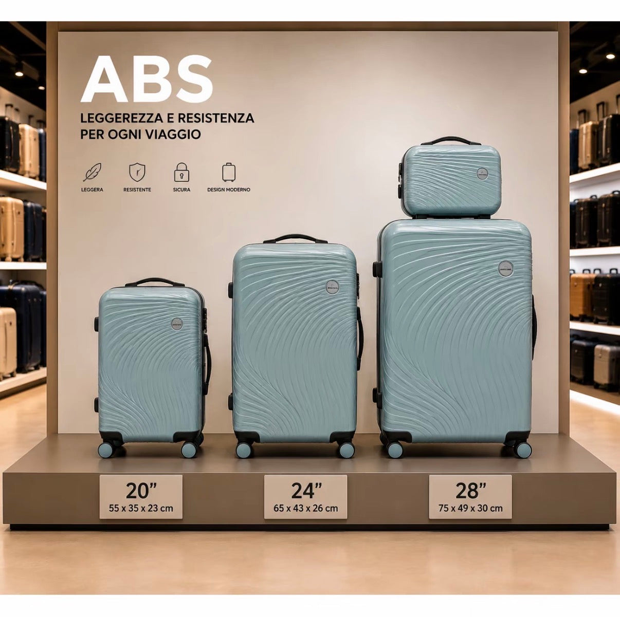 Set Completo Valigie Viaggio 4 Pezzi ABS Rigido con Beauty Case e Trolley Cabina