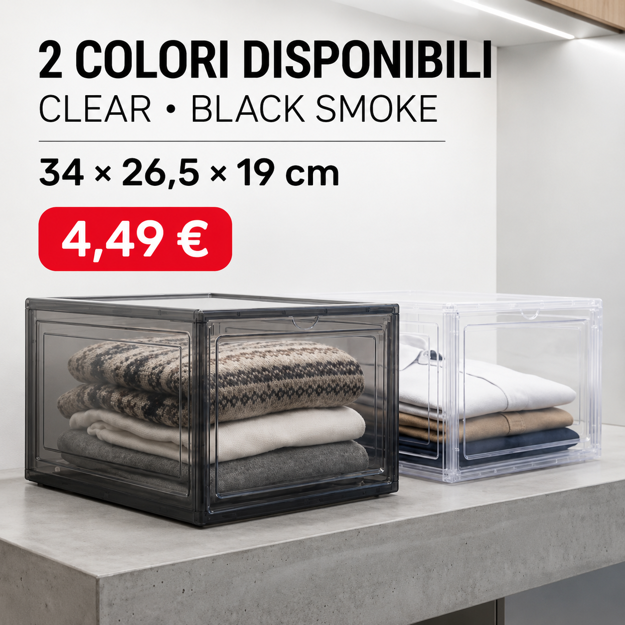 Contenitore Scarpe Modulare Premium - Box Salvaspazio in Polimero Rigido Clear e Black Smoke 34x26.5x19 cm