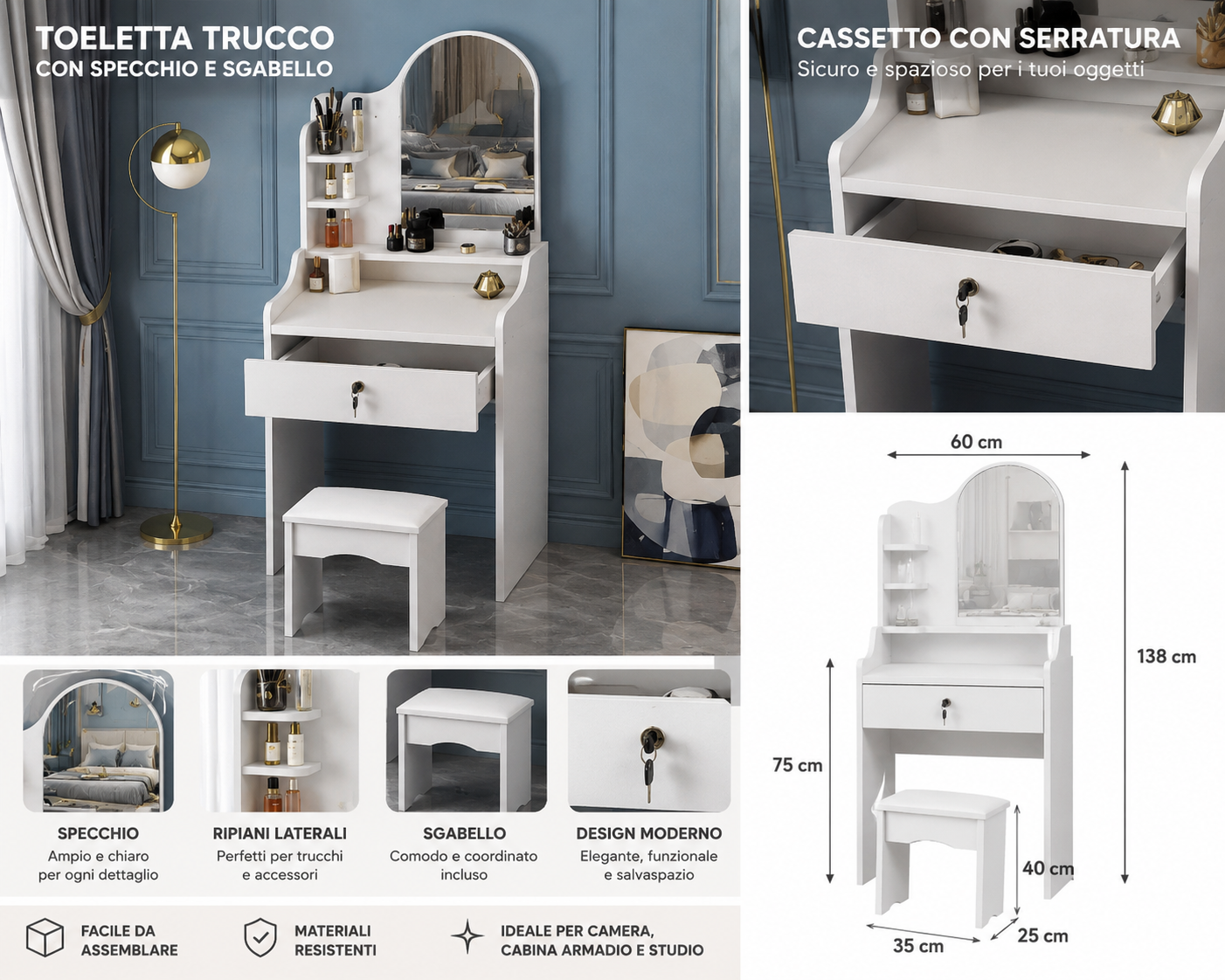 Toeletta Trucco con Specchio e Sgabello Dimensioni 120x50x30 cm  – 2 Modelli Disponibili