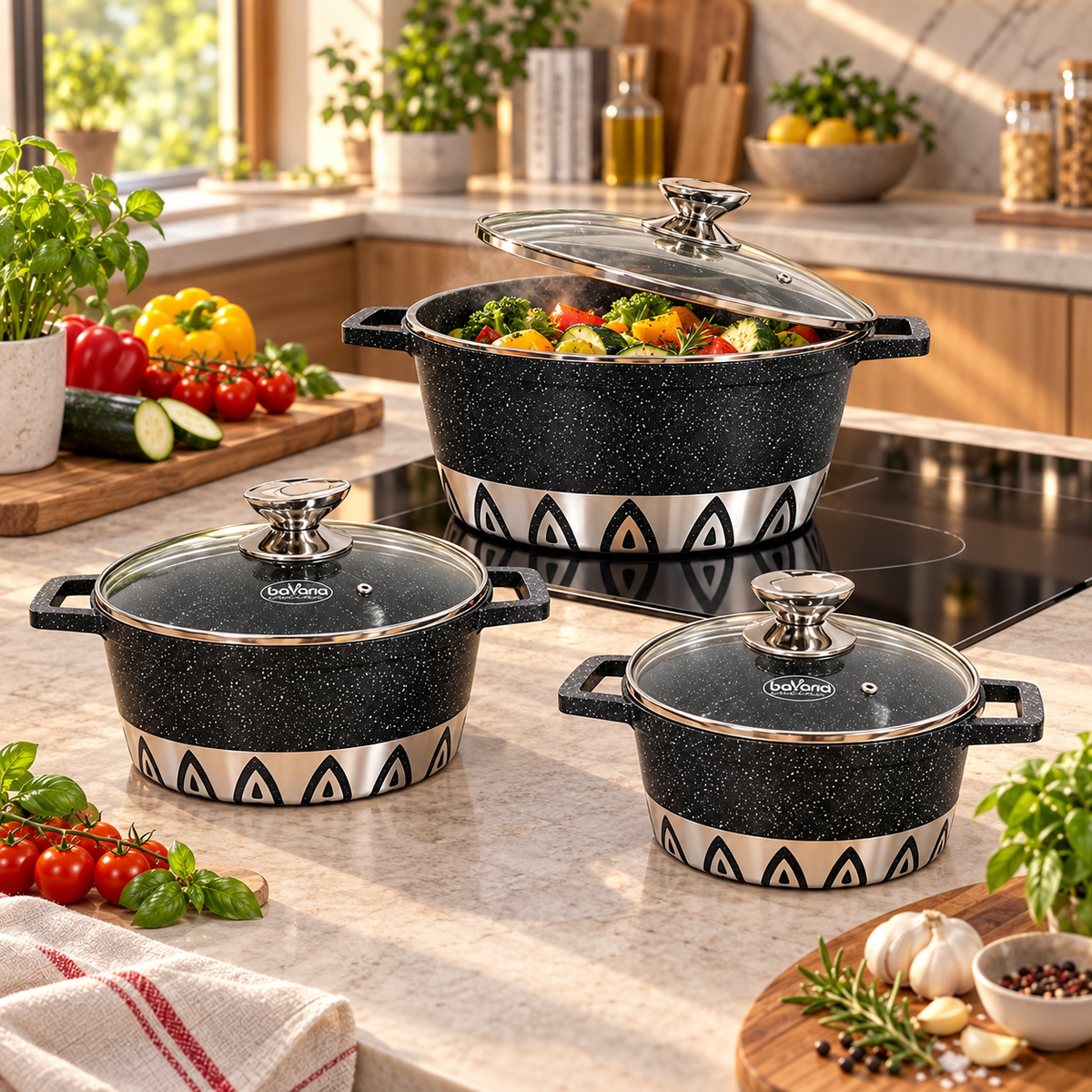 Set 3 Casseruole Bavaria Inca Deluxe 20/24/28 cm con Coperchi in Vetro – Antiaderenti, per Tutti i Piani di Cottura, Inclusa Induzione